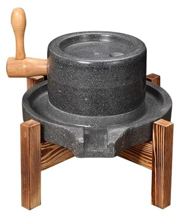 Manual Grain Mill for Flour, Traditional Stone Grinder with Wood Base, Handmade Mill for Barley and Soy, 22cm/35cm Sizes