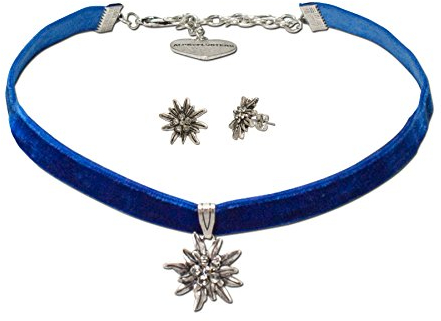 Alpenflüstern Trachtenschmuck-Set Trachten-Samt-Kropfband und Ohrstecker Strass-Edelweiß - Damen-Trachten-Schmuck, Trachtenset Trachtenkette und Trachten-Ohrringe blau SET016