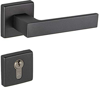 JUVA Drückergarnitur Aluminium Türbeschlag ANTHRAZIT Türgriff Zimmertür | PZ - Zylinder | Drückerpaar mit Tür-Rosetten | PUSH 1317 | 1 Set - Design Türgarnitur eckig mit Befestigungsmaterial