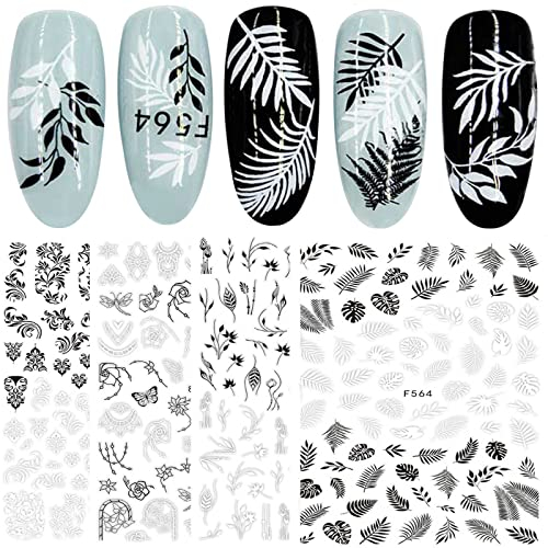JMEOWIO 12 Blatt Nagelsticker Schwarz Weiß Blumen Nagelaufkleber Selbstklebende Rose Blumen Design Nageldekoration für Frauen Mädchen