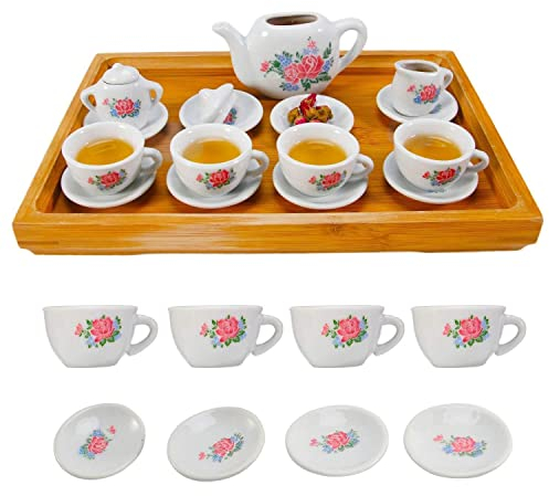 Xwin Sportseries 23 Pieces Kids Ceramic porcelain Play Tea Set for Toddlers and Girls, Role Play Tea set Pot Saucers Cups, Pretend Play Kids Toy Kitchen Tea Party Playset, Washable Dishes
