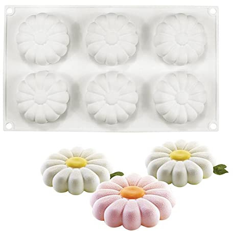 Stampi per torte in mousse in silicone Stampo per candele in sapone fai-da-te 3D Bakeware, 6 fori Margherite piccole