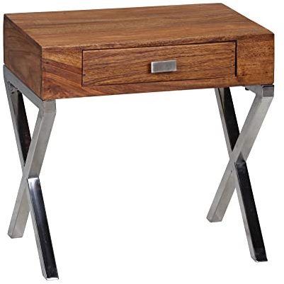 Nachttisch GUNA Massiv-Holz Sheesham Nacht-Kommode 45 cm 1 Schublade mit Metallbeine Nachtschrank Landhaus-Stil Echt-Holz Nachtkästchen dunkel-braun Nacht-Konsole Natur-Produkt Schlafzimmer-Möbel