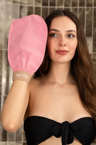 Feel Fine Turkish Exfoliating Mitt – 100% Natural Plant Silk Hammam Kese Glove for Men & Women | Handcrafted Skin Peeling Scrubber, Vegan Shower, Bath & Sauna Exfoliator (Candy Pink & Feel Fine)