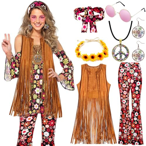 60er 70er jahre Hippie Kostüm Damen Set mit Fransenweste Schlaghose Damen Hippie Accessoires Hippie kleidung Damen Kostüm 60er 70er Jahre Bekleidung Damen Disco Outfit Cowgirl Western Faschingskostüm