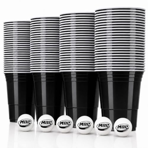 MYBEERPONG® Party Cups Schwarz 100 Stück + 6 Bälle 473 ml / 16 oz – BPA-freie stabile Plastikbecher Mehrweg Partybecher für Beer Pong, Geburtstag, Festival, BBQ & Party