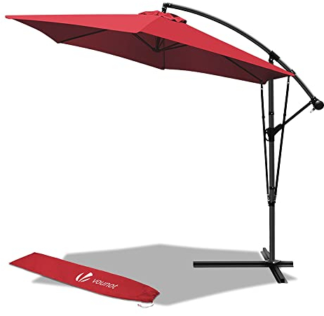 VOUNOT Ampelschirm 300 cm, Sonnenschirm mit Kurbelvorrichtung, Windsicherung und Schutzhülle, Sonnenschutz UV-Schutz, Gartenschirm Marktschirm Kurbelschirm, Rot