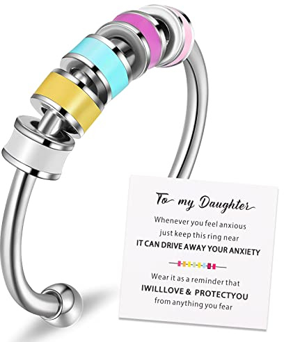 Herdear Anello di Agitazione Smaltato Anelli di Ansia Aperti Regolabili in Acciaio Anelli di Filatura Antistress con Perline Multicolori per Donne Uomini Anello per Alleviare Ansia