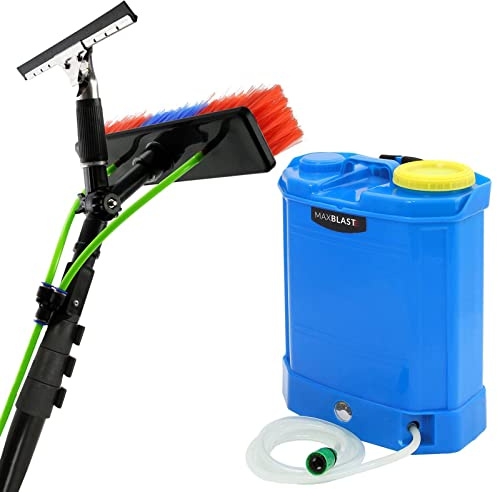 MAXBLAST 16L Water Fed Window Cleaning Pole & Trolley System, 20ft Telescopic Aluminium Pole with Brush & Squeegee, Battery Powered Mobile Cleaner
