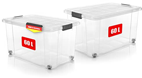 BigDean 2 Stück 60 L Aufbewahrungsbox mit Deckel groß transparent stapelbar | stapelbare robuste Box - rollbare Stapelbox mit festen Klickverschlüssen - Made in Germany