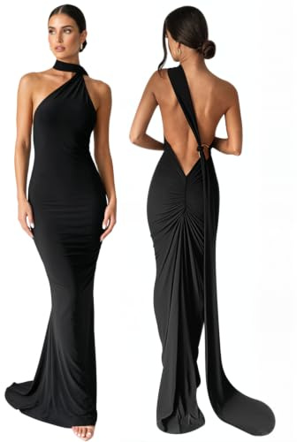 Suillty Vestido Largo Sexy con Hombros oblicuos y Espalda Descubierta para Mujer, con Tirantes Fruncidos, sin Mangas, para Fiesta, Club, Vestido Largo Ajustado, Negro -, S