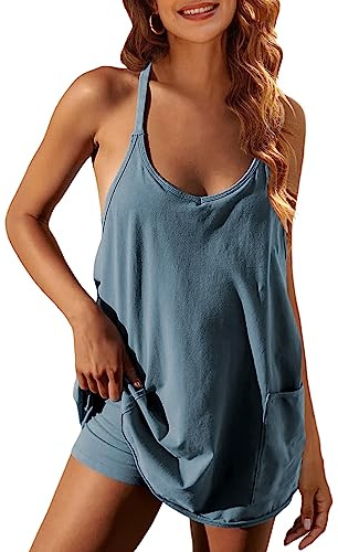 Faleave Women's Summer Sleeveless Mini Dress Athletic Dress Spaghetti Strap Short Tennis Dress with Pockets(Bluegrey-S)
