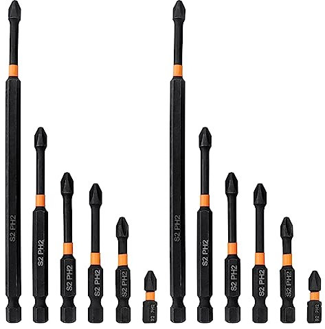 Mesee 12Pcs Magnetic Screwdriver Bit Set, Anti-Slip PH2 Phillips Screwdriver Bits 1/4 Inch Hex Shank S2 Steel Magnetic Cross Head Screw Driver Bits for Hand Electric Screwdrivers, 25-150mm Length