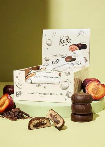 KoRo - Bio Dark Chocolate Bites Plum 12 x 2 x 20 g - Basis aus Haferflocken und Cashews - Füllung mit getrockneten Pflaumen - Umhüllt mit veganer dunkler Schokolade