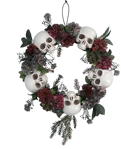Boland 73071 - Corona de flores con decoración de calavera, 40,5 x 7 cm, corona para puerta como decoración de Halloween, decoración de terror para carnaval y fiestas temáticas