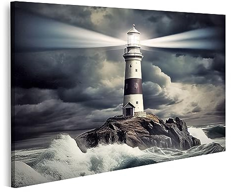 islandburner Bild auf Leinwand Schönen Nachthimmel Hinter Leuchtenden Leuchtturm Sturm Gewitter Blitz Bilder Wandbilder Poster JEJG-1P