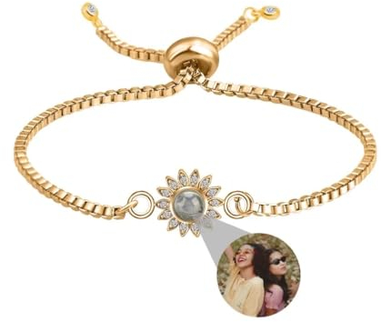 Personalisierte Foto Armband Sonnenblume Projektion Armband mit Eigenen Bild im Stein Lupe Verstecktem Ich Liebe Dich Armband 100 Sprachen für Frauen Damen Weihnachten Silber Rose Gold