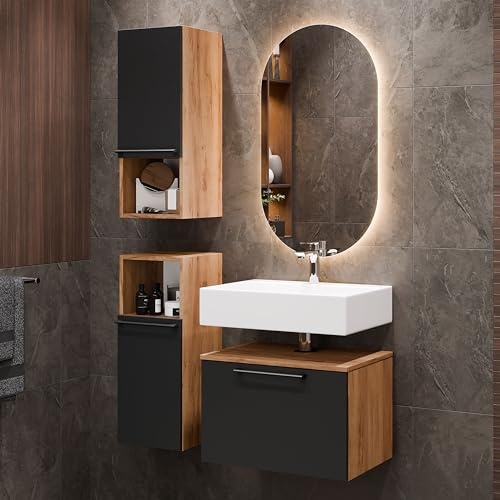 Planetmöbel Astra Badezimmer Unterschrank | Waschbeckenunterschrank 60 cm, 2X Midischrank Gold Eiche Anthrazit, Spiegel (mit LED) 50cm