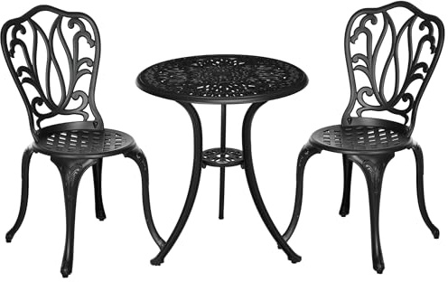 Outsunny Salon de Jardin Exterieur Table Bistrot Ronde 2 Chaises Alu Noir