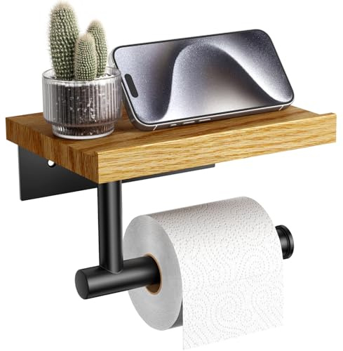 Tindbea Toilettenpapierhalter mit Holzregal, Wandmontierter Holz-Tissue-Rollenhalter, Matierter Messing-Stahl-Badezimmerzugang (Rote Eiche, Mattes Schwarz)