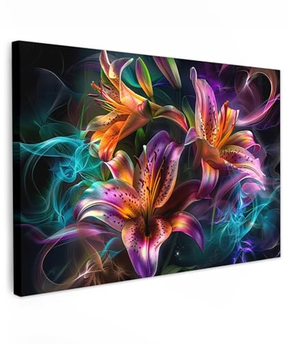 MuchoWow© Bilder Groß XXL Wohnzimmer Deko Modern Wandbild Kunstdruck | 120x80 cm - Leinwand Bild Schlafzimmer über Bett Room Decor Geschenke Bunt - Blumen - Farbenfroh - Schwarz - Kunst