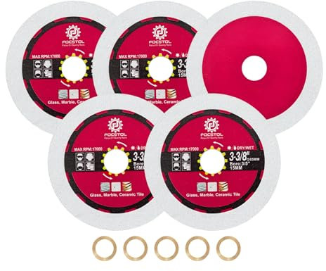FOCSTOL Disco Diamante para Vidrio 85mm - 5 piezas Doble Lado Disco de Corte y Molienda para Vidrio Jade Cristal Vino Botella para Máquina Cortadora Manual con Mango 15mm-10mm