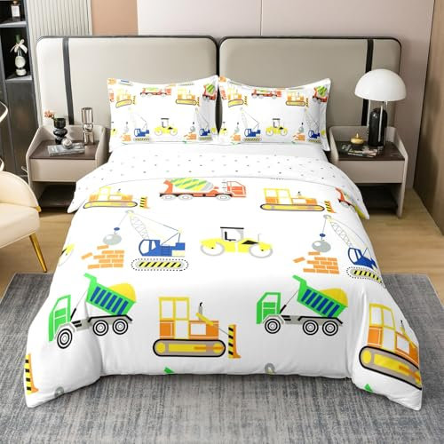 Loussiesd Baufahrzeug 100% Baumwolle Bettwäsche Set 220x240cm Karikatu Bagger Bettbezug Set Traktor Auto Ausrüstung Handling Fahrzeug Betten Set für Jungen Mädchen Kinder Bettwäsche-Set Gelb Weiß