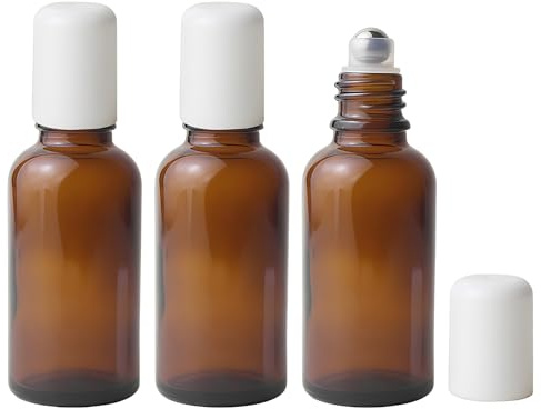 OHEETU 3 botellas de rodillo vacías de vidrio ámbar de 30 ml con bolas de rodillo de acero inoxidable, contenedores de viaje rellenables para aceites esenciales, perfumes, bálsamos labiales