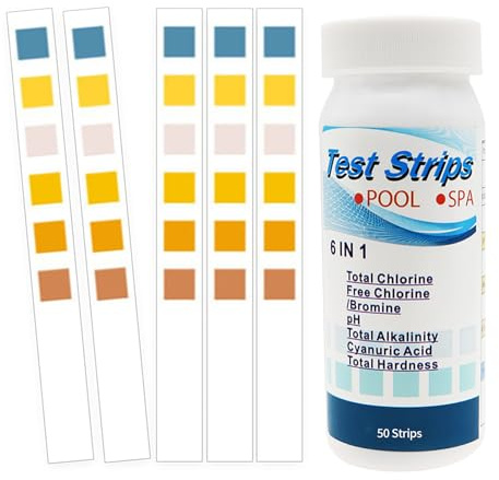 50 Stk PH Teststreifen,6-in-1 Pool Tester PH und Chlor Wert Messgerät,Pooltester Messen,Streifen Wassertester Aquarium,Messstreifen Poolwasser für Cyanursäure Pool Messen,Alkalinität,Wasserhärte Teste