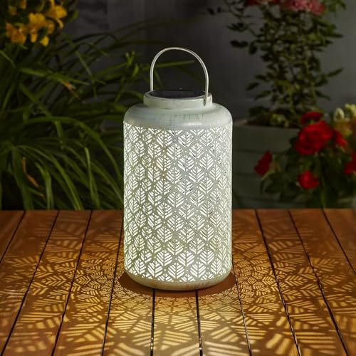 Garden Mile Solaire Sage XL Solar Lantern 24cm Metal Hanging Light with Warm White LED Decorative Damasque Pattern Outdoor Garden Patio Balcony Décor
