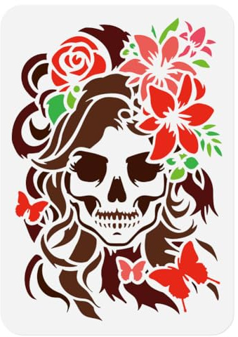 Schablone Für Tagebuch Totenkopf Dame Mit Blumen Auf Dem Kopf Zum Malen 1 Stück 29.7 x 21cm Wiederverwendbare Kunststoffschablone Totenkopf Frau Halloween Malvorlage DIY Bastelkunst Schablonen | 29,7 x 21 cm, Blumenkopf Frau Schablonen-Set, wiederverwendbare Malvorlagen für Holzverbrennung, Leinwand, Tagebuch, Handwerk