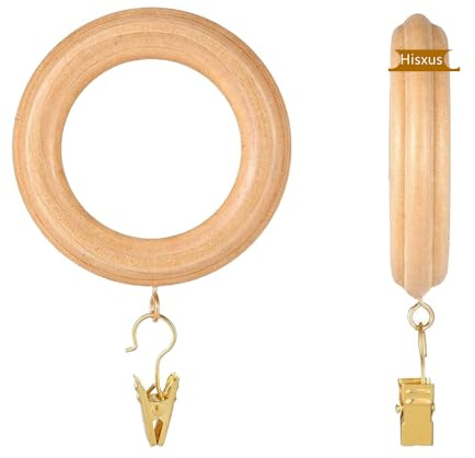 Gardinenstangenringe aus Holz mit Clips, 7,6 cm Außendurchmesser, natürliches Buchenholz, Geschnitzte Gardinenringe, 4,6 cm Innendurchmesser, für 2,5-3,8 cm Gardinenstange (Natur), 20 Stück