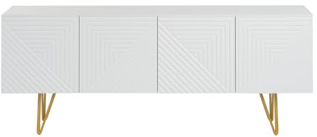 Miliboo Meuble TV Design gravé Blanc et métal doré L140 cm OZEN