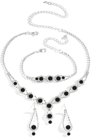 AOWVUTS 3PCS Juego de Boda Novia Joyas para Mujer Cristal Chapado en Plata con Collar Pendientes Pulsera Conjunto de Joyería Circonita Cúbica Compromiso Fiesta Dama de Honor Regalo Joyería (Negro)