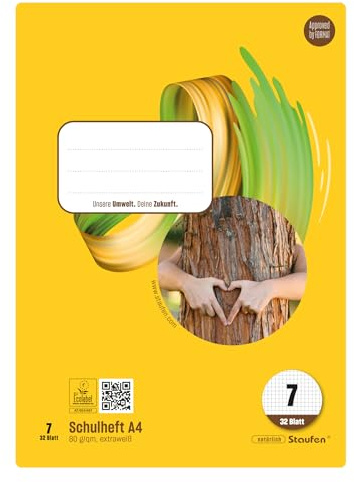 Staufen Style Schulheft - 5 Hefte à 32 Blatt, DIN A4, 80 g/m², kariert 7 mm | Lineatur 7, hochwertiges Papier, ausgezeichnet mit dem EU Ecolabel, praktische Details