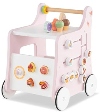 COSTWAY Carrello Primi Passi in Legno per Bambini, Centro Attività Montessori con Giacattoli, Gioco Educativo con Ruote, Girello per Bambini 12 Mesi +, 32 x 35 x 42 cm (Rosa)