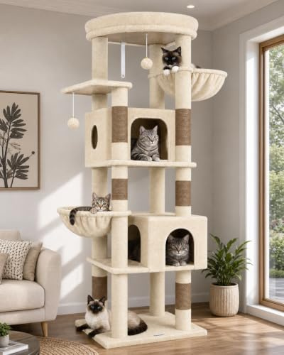 Globlazer Árbol Rascador Beige Grande Alto 188 cm con 2 Grandes Nidos, 48 * 48CM Plataformas Acolchada, 2 Felpa Cesta, Estable Árbol Torre para Grande Gato 3-5 Adulto Gatos Más de 5 kg (S74, Beige)