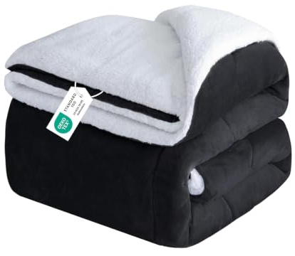 RUMBALUXY Thick & Warm Sherpa Fleece Blanket Double Size for Winter Bed | Fluffy Soft & Cosy Throw for Sofa Couch Camping, Machine Washable Plush Blankets, All Season Comforter, Black, 152x203cm