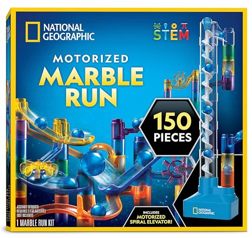 Circuit à Billes National Geographic avec Ascenseur Motorisé – Kit de 150 Pièces avec Spirale Électrique, 30 Billes, Sac de Rangement et Plus, Machine à Mouvement Perpétuel, Jouet de Physique