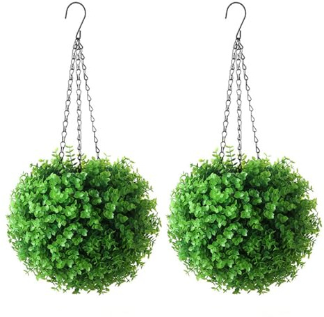 ZBELLO 2 Pcs Artificial Topiary Balls with Chains, 23 cm/9 inch Hanging Topiary Balls for Outside, Artificial Hanging Balls for Home, Party, Outdoor, Green (Eucalyptus)