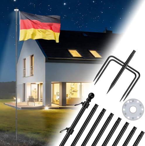 ZMTECH Fahnenmast 3m(10FT) Stabil mit 5 Zinken Halterung Solar für Garten 300 cm Fahnestange für Flagge Edelstahl Flaggenmast für Haus Garten (No Flagge, Schwarz)