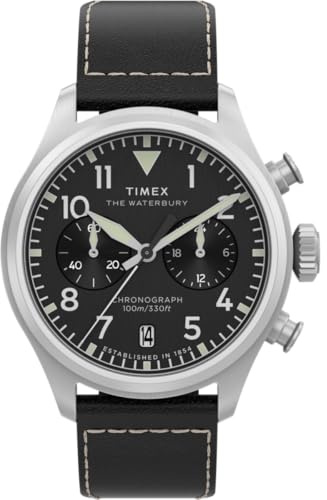 Timex Waterbury Ace TW2Y19000 - Orologio al quarzo da Uomo, 41 mm, cinturino in Pelle Marrone Con quadrante Nero e cassa in Acciaio INOX