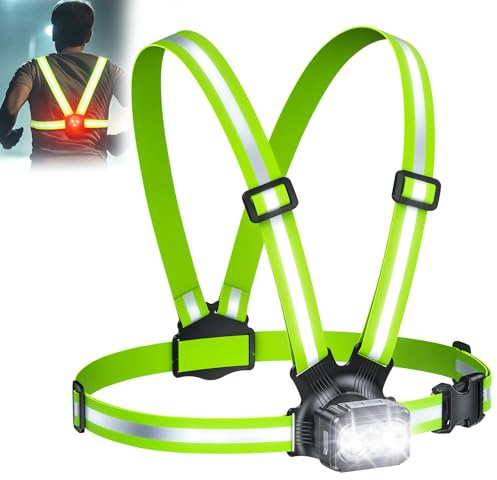 Rolgno Luce Running 500 Lumen con Posteriore, 7+2 Modalità & 45° Regolabile Luce Corsa Notturna, 360° Catarifrangente & IPX4 Impermeabile, Running Pettorale per Corsa/Jogging, Torcia Running