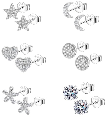 Epoch World stiftörhängen silver 925, 6 par, 925 sterlingsilver, örhängen för kvinnor, flickor, kvinnor, allergivänliga, små blommor, rund, hjärta, örhängen, stjärna, måne, örhänge, zirkon, brosk