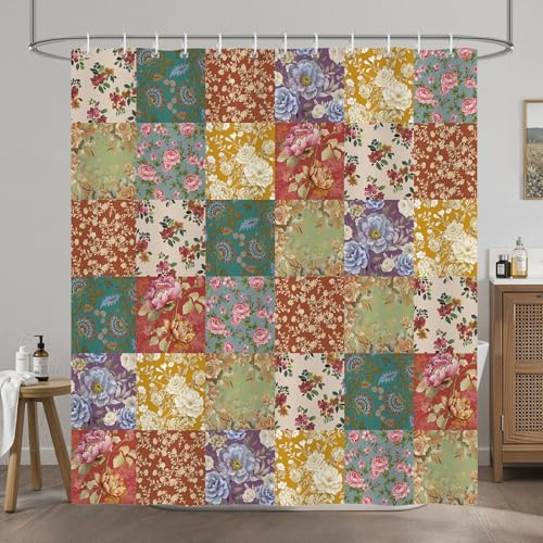 COZZSNUGE Boho Patchwork Floral Shower Curtain, Vintage Colorful Flower Retro Farmhouse Shower Curtain for Bathroom Waterproof Polyester Fabric with 12 Hooks, 72 x 72 Inches