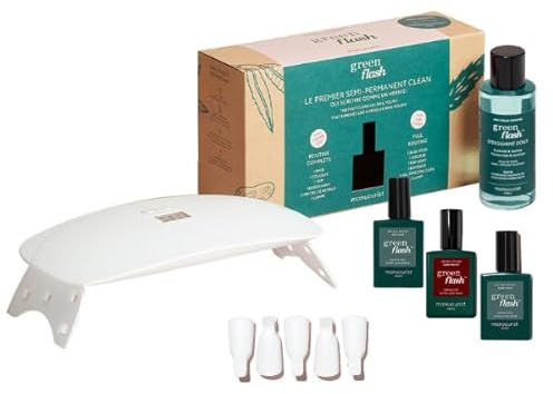 Manucurist UV Nagellack Set Slim Green Flash - Gel Nägel Set | LED UV Lampe für Gelnägel 24W + Base Coat + Top Coat + Gel Nail Polish Dark Pansy + Nagellackentferner Acetonfrei + Clips