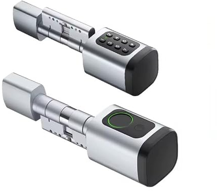 Kraslaw Smart Türschloss mit Fingerabdruck und Passwort für 60-90mm Tür, Schließzilinder Länge ist einstellbar, mit Schlüssel, IC Karte, kompatibel mit Tuya & Smart Life (Silber)
