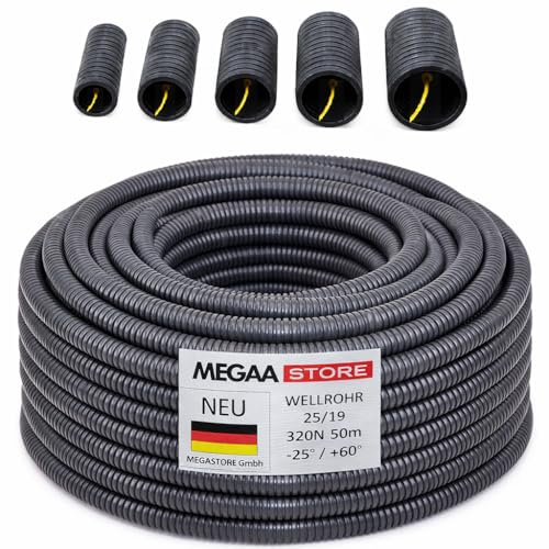 Megaa store Flexibles Leerrohr Wellrohr mit/ohne Zugdraht 320N M16 M20 M25 M32 M40 Kabelschutz UV-Beständigkeit für den Innen- und Außeneinsatz (Ø 25 mm innen/Ø 32 mm außen / 50m mit Zugdraht)