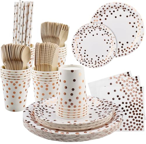 Wozzies Vajilla de Fiesta, 200 Piezas Puntos Set de Juego de Platos y Cubiertos, Cubertería de Cartón Vasos y Servilletas para Cumpleaños,Aniversarios
