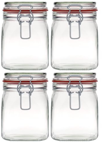 Flaschenland 4er Set 900 ml quadratische Drahtbügelgläser aus Klarglas mit luftdichtem Verschluss